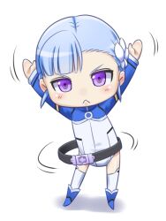  :&lt; arms_up belt blue_footwear blue_hair blunt_bangs blush boots chibi closed_mouth commentary_request female fin_e_ld_si_laffinty flat_chest flower frown full_body hair_flower hair_ornament hoop hula_hoop knee_boots leotard long_sleeves looking_at_viewer loose_belt motion_lines purple_eyes rinne_no_lagrange shadow shikuta_maru short_hair sidelocks simple_background solo standing thighhighs turtleneck v-shaped_eyebrows white_background white_thighhighs 