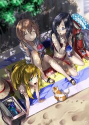  3girls :3 absurdres aqua_innertube arm_support bad_id bad_pixiv_id bag barefoot beach beach_towel bikini black_hair blonde_hair blue_bag blue_eyes blurry blurry_foreground blush breasts bright_pupils brown_cat brown_hair cellphone cleavage closed_eyes closed_mouth coin_purse collarbone cooler dappled_sunlight day drinking_straw feline flip-flops food frilled_bikini frills green_eyes hair_between_eyes hair_ornament hairclip highres holding holding_drinking_straw innertube kneeling long_hair looking_at_another medium_breasts multiple_girls oerba_yun_fang open_mouth original outdoors parted_bangs phone sand sandals school_bag shadow shaved_ice short_hair sitting smartphone smile spoon_straw sunlight swim_ring swimsuit towel tree_shade unowen white_cat white_pupils yokozuwari 