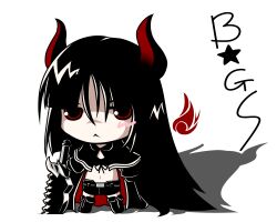  black_gold_saw black_hair black_rock_shooter boots chibi commentary_request female full_body horns king_saw long_hair looking_at_viewer naginami red_eyes simple_background solo very_long_hair white_background 