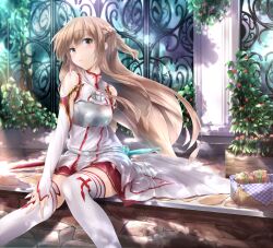  armor asuna_(sao) bare_shoulders belt blush breastplate brown_eyes brown_hair commentary_request detached_sleeves female highres long_hair long_legs resized sitting skirt smile solo sword_art_online thighhighs white_thighhighs wingheart 