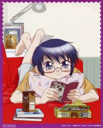  absurdres artist_request barefoot blue_eyes blue_hair blush casual couch female glasses hidamari_sketch highres hugging_object juice_box official_art pillow pillow_hug reading sae_(hidamari_sketch) scan smile solo 