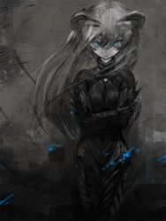  blue_eyes bodysuit breasts closed_mouth feet_out_of_frame female grey_background grey_theme hair_between_eyes horns long_hair long_sleeves looking_at_viewer monochrome original small_breasts solo spot_color toi_(number8) 