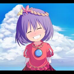  ^_^ blush closed_eyes cloud commentary_request day female hair_ornament leaf letterboxed lolicon purple_hair short_hair sky solo tatuhiro touhou yasaka_kanako 