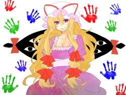  bad_id bad_pixiv_id blonde_hair breasts cleavage collarbone crossed_arms female gap_(touhou) handprint hat hat_ribbon large_breasts long_hair mutsuki_(ama245) puffy_sleeves purple_eyes ribbon short_sleeves smile solo touhou yakumo_yukari 