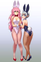  2girls animal_ears ass blue_eyes bow bowtie commentary_request detached_collar green_eyes grey_hair high_heels iwaya long_hair multiple_girls original pantyhose photoshop_(medium) pink_hair playboy_bunny pointy_ears rabbit_ears rabbit_tail short_hair tail wrist_cuffs 