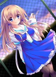  blonde_hair blue_eyes blush commentary_request dress female fence hair_ornament long_hair looking_at_viewer original pantyhose smile solo sorai_shin&#039;ya traene_(sorai_shin&#039;ya) 