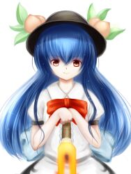  bad_id bad_pixiv_id blue_hair female food fruit hat highres hinanawi_tenshi long_hair looking_at_viewer peach red_eyes simple_background smile solo sword_of_hisou touhou upper_body very_long_hair x&amp;x&amp;x 