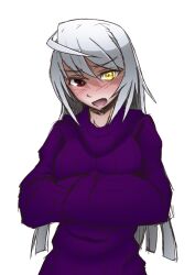  ahoge blush breasts colorized crossed_arms female full-face_blush grey_hair heterochromia huge_ahoge imageboard_desourced infinite_stratos large_breasts laura_bodewig maydrawfag no_eyepatch non-web_source open_mouth red_eyes ribbed_sweater solo sweater transparent_background yellow_eyes 