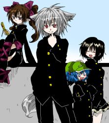  4girls ^_^ alternate_costume animal_ears black_hair black_thighhighs blue_eyes blue_hair brown_eyes brown_hair cellphone closed_eyes commentary_request contemporary gakuran geta grey_hair hair_bobbles hair_ornament hair_ribbon hat height_difference himekaidou_hatate inubashiri_momiji kawashiro_nitori long_hair multiple_girls no_headwear oversized_clothes phone red_eyes ribbon school_uniform shameimaru_aya short_hair sitting skirt sleeves_past_wrists smile tail thighhighs touhou twintails two_side_up unya wings wolf_ears wolf_tail 