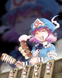  blush closed_eyes commentary_request female food hat mizuki_hitoshi mystia_lorelei photoshop_(medium) pink_hair saigyouji_yuyuko short_hair smile solo touhou translated triangular_headpiece yakitori 