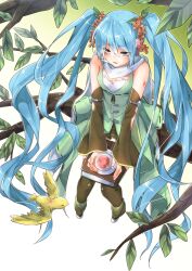  bad_id bad_pixiv_id bird blue_eyes blue_hair book cup detached_sleeves female flower hair_flower hair_ornament hatsune_miku headset highres in_tree long_hair ribbon-trimmed_clothes ribbon_trim sakuragi_ren scarf sitting sitting_in_tree solo teacup thighhighs tree twintails very_long_hair vocaloid white_scarf 