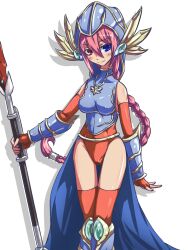  blue_eye blue_eyes blush braid duel_monster element_valkyrie fingerless_gloves gloves heterochromia highres latex long_hair no_bra pink_hair polearm red_eye red_eyes skin_tight spear thighhighs weapon yu-gi-oh! yuu-gi-ou_duel_monsters 