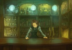  asterisk_kome bad_id bad_pixiv_id bar_(place) bartender bottle brown_hair clock female green_eyes necktie original photoshop_(medium) short_hair solo 