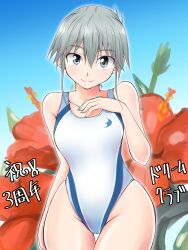  commentary_request competition_swimsuit cowboy_shot dream_c_club dream_c_club_(series) female flower grey_eyes grey_hair hibiscus highres hisakabe_oto one-piece_swimsuit receptionist_(dream_c_club) short_hair swimsuit 