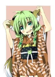  :3 animal_ears arms_up blush braid brown_kimono cathead commentary_request female fox_ears fox_tail green_eyes green_hair hair_over_shoulder hand_on_own_ear japanese_clothes kimono obi open_mouth original saitou_kon sash shingetsu_takehito smile solo tail twin_braids wide_sleeves 