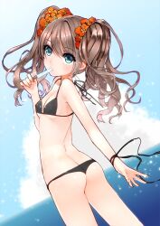  bad_id bad_pixiv_id bikini black_bikini blue_eyes brown_hair female food holding mouth_hold original popsicle ribbon solo swimsuit thong_bikini twintails wrist_ribbon yadapot 