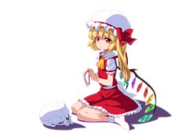  anime_coloring ascot blonde_hair bow commentary_request female flandre_scarlet flower hat hat_bow long_hair looking_at_viewer okina_ika puffy_sleeves red_eyes short_sleeves side_ponytail sitting skull solo touhou wariza wings wreath 