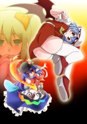  3girls ass blue_hair collaboration commentary_request cosplay daiyousei flandre_scarlet flandre_scarlet_(cosplay) food fruit green_hair hat hinanawi_tenshi long_hair looking_at_viewer m-eiji multiple_girls peach red_eyes remilia_scarlet short_hair sword_of_hisou thighhighs touhou white_legwear 