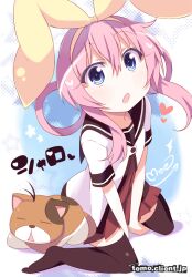  :o animal_ears bad_id bad_pixiv_id black_thighhighs blue_eyes blush cosplay dress female hairband heart kitahara_tomoe_(kitahara_koubou) mimori_suzuko nanamori_school_uniform pink_hair rabbit_ears sailor_dress school_uniform serafuku sherlock_shellingford solo tantei_opera_milky_holmes thighhighs voice_actor_connection yuru_yuri 