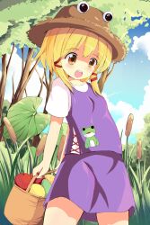  :d apple bad_id bad_pixiv_id basket blonde_hair female food fruit hat highres holding moriya_suwako open_mouth orange_eyes outdoors sakuraba_hikaru_(loveindog) short_hair smile solo touhou 