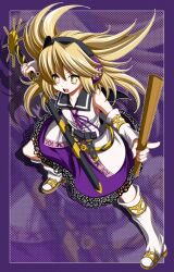  belt blonde_hair commentary_request detached_sleeves earmuffs eichi_yuu female open_mouth ritual_baton short_hair solo stance sword touhou toyosatomimi_no_miko weapon yellow_eyes 