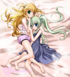  2girls bare_shoulders barefoot bed_sheet blonde_hair blue_eyes blush camisole character_name commentary_request dress einhard_stratos frills green_eyes green_hair hair_bobbles hair_ornament hair_ribbon long_hair lying lyrical_nanoha mahou_shoujo_lyrical_nanoha_vivid midriff multiple_girls navel on_back red_eyes ribbon shinooka_itsuya shorts twintails vivio 