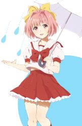  antenna_hair bad_id bad_pixiv_id blush bow female frilled_skirt frills hair_intakes hairbow highres kami_nomi_zo_shiru_sekai nakagawa_kanon pink_eyes pink_hair school_uniform serafuku shizuko_(chipccchip) short_hair skirt socks solo umbrella 