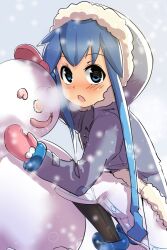  bad_link black_pantyhose blue_eyes blue_hair blush crab_stick female hood ikamusume long_hair magister mittens pantyhose shinryaku!_ikamusume snow snowman solo tentacle_hair winter_clothes 