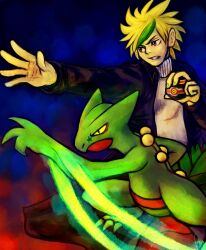  2012 blonde_hair digital_media_(artwork) duo generation_3_pokemon green_eyes hair haychel hi_res holding_object holding_pokeball human kynexn luxury_ball male mammal nintendo pokeball pokemon pokemon_(species) purple_eyes sceptile tensa yellow_eyes 