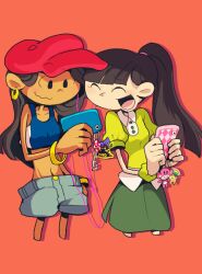  2girls ^_^ black_hair blunt_bangs blush bracelet cellphone charm_(object) closed_eyes codename:_kids_next_door commentary_request copyright_name dark-skinned_female dark_skin earbuds earphones earrings gradient_background hand_in_pocket hat jewelry logo long_hair multiple_girls navel numbuh_3 numbuh_5 open_mouth phone ponytail rainbow_monkey red_background scrunchie shared_earphones sharing shorts silhouette skirt smartphone smile t_k_g teenage wavy_hair wavy_mouth 