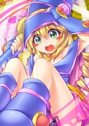  blonde_hair blue_footwear blush_stickers boots card commentary_request dark_magician_girl detached_sleeves duel_monster female fingerless_gloves fun_bo gloves green_eyes hat hexagram open_mouth symbol-shaped_pupils teeth wand wizard_hat yu-gi-oh! 