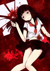  absurdres black_hair blood blue_eyes broken_mirror commentary_request female highres hime_cut kamekichi_(kamekiti) long_hair lying mirror navel on_back original red_background school_uniform serafuku skirt solo 