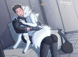  2026 3_toes 4_fingers armor bed blush bodily_fluids brown_hair casualties:_unknown clothed clothed_human clothed_male clothing colored cuddling digital_media_(artwork) drooling duo eye_bags feet fingers fluffy fluffy_tail freckles fully_clothed fully_clothed_human fully_clothed_male fur furniture gloves gun gunsawian hair handwear headgear heart_symbol helmet hug human male male/male mammal milky_(gunsawian) nude_anthro nude_male on_lap onomatopoeia purring ranged_weapon saliva sitting sitting_on_lap sleeping sound_effects tail text toes warjenkins weapon white_body white_fur 