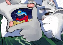  absurd_res anthro bodily_fluids canada_lynx clothing disney duo felid feline gary_de'snake gesture hand_gesture hi_res lying lynx male male/male mammal on_back pawbert_lynxley pit_viper reminiscing reptile sad scalie shimo_mi_0503 snake sweater tears topwear viper zootopia 