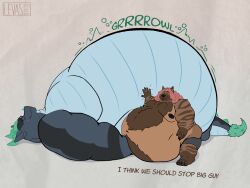  4:3 absurd_res anthro arm_tuft belly belly_to_belly big_belly body_hair bottomwear chest_hair clothed clothing digital_media_(artwork) dragon duo elbow_tuft english_text eyewear fur glasses hair hand_on_belly heyna hi_res hyena levas long_hair male male/male mammal morbidly_obese mythological_creature mythological_scalie mythology navel nipples obese obese_anthro overweight overweight_anthro overweight_male piercing ring rumbling_stomach scalie shorts simple_background size_difference smile striped_hyena text tuft weight_gain wings 