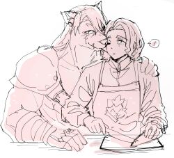  anthro apron armor bandai_namco chiamasmas clothing digimon digimon_(species) digimon_beatbreak duo hi_res human kiss_on_cheek kissing kyo_sawashiro male male/male mammal murasamemon muscular muscular_anthro muscular_male pauldron pecs 