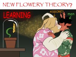  anthro asgore_dreemurr bear black_hair blonde_hair bovid brown_body brown_fur caprine container deer deltarune duo english_text flower fur fy2a06w6 glass glass_container goat hair humor kissing male male/male mammal new_world_deer plant reindeer rudolph_holiday text undertale_(series) white_body white_fur 