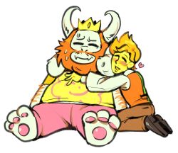  anthro asgore_dreemurr beard blonde_hair blush boss_monster_(undertale) bovid caprine crown cuddling deltarune digital_drawing_(artwork) digital_media_(artwork) duo facial_hair flowery_(deltarune) goat hair headgear hi_res horn hug humanoid male male/male mammal pawpads roshinyukai_rin seven_flowers side_hug simple_background undertale_(series) white_background yellow_body yellow_skin 