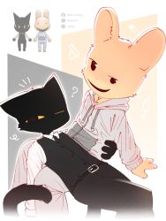  2025 3:4 4_fingers accessory animal_hospital_(roblox) anthro belt bikabe3m black_body black_bottomwear black_clothing black_fur black_pants blush bottomwear cat_tail clothed clothing digital_media_(artwork) domestic_cat duo felid feline felis fingers fur grey_clothing grey_jac intern_(animal_hospital) jacket lagomorph leporid looking_at_viewer male male/male mammal necktie one_eye_closed pants pivoted_ears question_mark rabbit reference_image roblox secret_agent_(animal_hospital) simple_background smile smiley_face suit tan_body tan_fur topwear tuft watermark yellow_eyes 