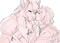  anthro armor bandai_namco blush chiamasmas digimon digimon_(species) digimon_beatbreak duo hi_res human human_on_anthro interspecies kiss_on_cheek kissing kyo_sawashiro male male/male mammal murasamemon muscular muscular_anthro muscular_male pauldron smile 