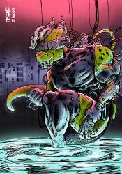  absurd_res anthro cybernetics digital_media_(artwork) dragon futuristic ghost_in_the_shell green_body guide_lines hi_res machine male male/male mechanic mechanical_arm mythological_creature mythological_scalie mythology nagozaramee092 painting_(artwork) scalie solo water 