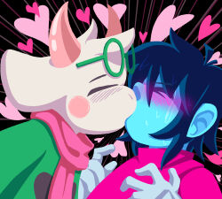  2026 2_horns absurd_res ambiguous_gender ambiguous_human anthro biped black_background black_hair blue_body blue_skin blush blush_lines blush_stickers bovid caprine closed_eyes clothed clothing darkner deltarune digital_drawing_(artwork) digital_media_(artwork) duo english_description eyewear floppy_ears fluffy fur glasses goat hair heart_symbol hi_res horn human human_on_anthro interspecies kiss_on_lips kissing kris_dreemurr male male/ambiguous male/male male_anthro mammal pink_horn ralsei robablo scarf short_hair simple_background snout undertale_(series) wearing_glasses white_body white_fur 