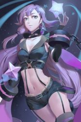  791_(meiyuewudi) belt black_thighhighs breasts cleavage collarbone commentary_request cowboy_shot crop_top earrings eyebrows female forever_7th_capital garter_straps hair_ornament hairclip highres jewelry long_hair looking_away lulu_(forever_7th_capital) medium_breasts midriff navel purple_eyes purple_hair short_shorts shorts sleeveless solo thighhighs very_long_hair 