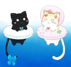  :&lt; animal animalization beret black_cat blush_stickers bow clothed_animal commentary_request feline frederica_bernkastel frederica_bernkastel_(cat) hat innertube kurahika lambdadelta no_humans photoshop_(medium) pink_hat pun swim_ring tears umineko_no_naku_koro_ni water 