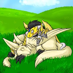  1:1 2010 amocin anthro armor clothed clothing digital_media_(artwork) dragon duo etalcon grass hair horn jewelry male meadow mythological_creature mythological_scalie mythology paladin plant scalie simple_background sleeping sven_(amocin) tail teripets wings 