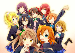  6+girls :d ;d ^_^ ahoge arms_up ayase_eli black_hair blazer blonde_hair blue_eyes blue_hair blue_sky bow bowtie brown_hair cheering closed_eyes commentary_request green_eyes hoshizora_rin jacket koizumi_hanayo kosaka_honoka loafers long_sleeves love_live! love_live!_school_idol_project minami_kotori multiple_girls nishikino_maki one_eye_closed one_side_up open_mouth orange_eyes orange_hair otonokizaka_school_uniform plaid plaid_skirt pleated_skirt purple_eyes purple_hair red_bow red_bowtie red_eyes red_hair round_teeth school_uniform shoes skirt sky smile sonoda_umi teeth tojo_nozomi yazawa_nico yellow_eyes yuzucky 