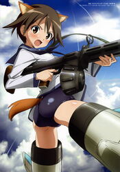  absurdres aiming angry animal_ears artist_name ass black_hair blue_neckerchief blue_one-piece_swimsuit blue_sailor_collar blue_sky blush breasts brown_eyes clothing_cutout cloud contrail copyright_name day dog_ears dog_girl dog_tail drum_magazine female finger_on_trigger floating flying from_side groin_tendon gun heavy_machine_gun highres holding holding_gun holding_weapon legs_apart long_sleeves looking_at_viewer looking_back looking_to_the_side machine_gun magazine_(weapon) mecha_musume miyafuji_yoshika neckerchief no_pants official_art one-piece_swimsuit open_mouth outdoors parted_bangs sailor_collar scan school_swimsuit school_uniform serafuku shiny_clothes shiny_skin shirt short_hair sky small_breasts solo strike_witches striker_unit sweatdrop swimsuit swimsuit_under_clothes tail tail_through_clothes takamura_kazuhiro type_99_cannon v-shaped_eyebrows weapon white_shirt world_witches_series 