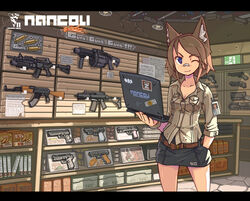  ;) ak-47 animal_ears armory assault_rifle bad_id bad_pixiv_id bandaid bandaid_on_face bandaid_on_nose belt blue_eyes breasts brown_hair cleavage closed_mouth commentary_request computer female grenade_launcher gun h&amp;k_g36c hand_in_pocket highres kalashnikov_rifle laptop letterboxed m203 m4_carbine medium_breasts milkor_mgl nancou_(nankou) one_eye_closed original rifle shop short_hair skirt smile solo underbarrel_grenade_launcher weapon weapon_on_wall weapon_shop 