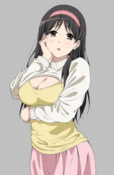  adachi_eiko amagi_brilliant_park black_hair blush breasts brown_eyes cleavage cleavage_cutout clothing_cutout commentary_request female hairband hand_on_own_cheek hand_on_own_face highres large_breasts long_hair looking_at_viewer meme_attire open-chest_sweater open_mouth photoshop_(medium) simple_background solo sweater turtleneck yoshiki360 