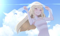  bare_shoulders blonde_hair blunt_bangs blush braid commentary_request crying day dress female hair_ribbon hairband highres long_hair long_sleeves looking_at_viewer maquia_(sayoasa) mochi_(chain_csn) outdoors red_eyes ribbon ribbon_braid sayonara_no_asa_ni_yakusoku_no_hana_wo_kazarou shrug_(clothing) side_braid sky solo tears twin_braids upper_body veil very_long_hair white_dress white_ribbon wind 